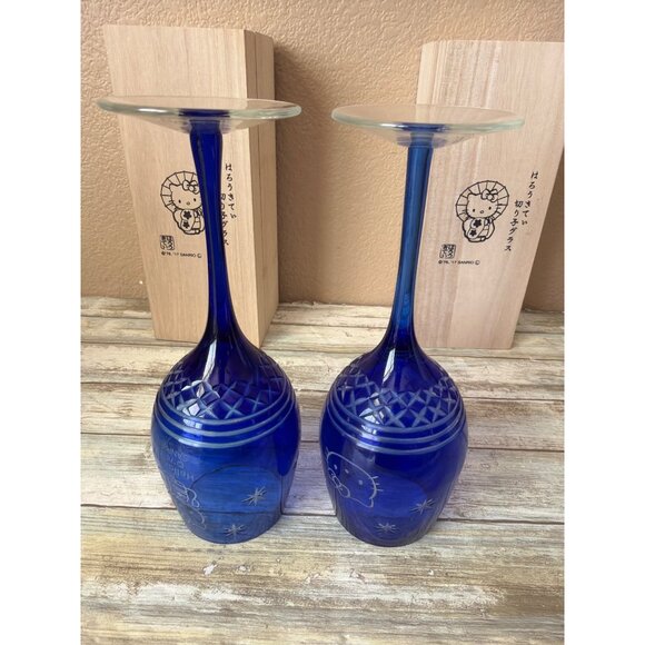 2 X Hello Kitty Kiriko Wine Glass Blue w/ Wooden Box Sanrio Japan 2017 - Picture 6 of 12